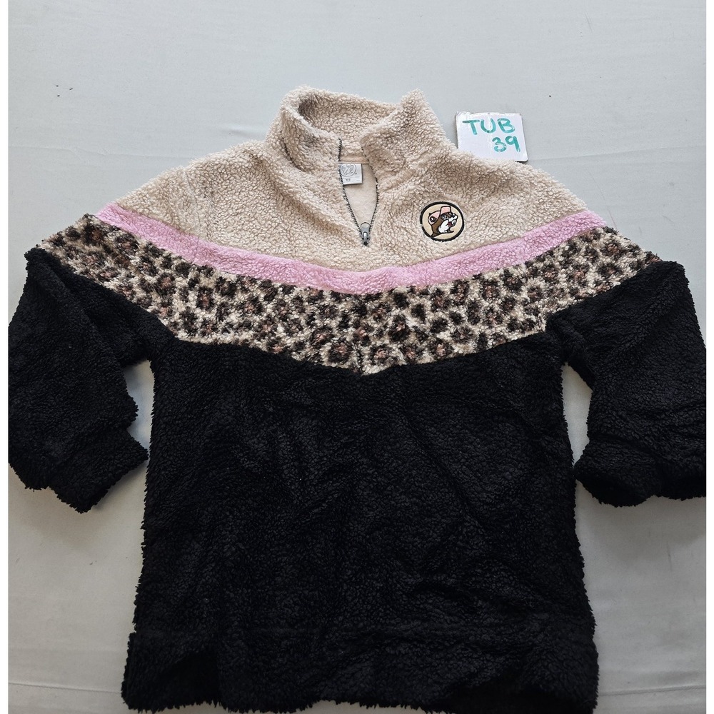 Buc-ees Girls Youth Small Sherpa Quarter Zip Pullover Leopard Print Fleece Logo